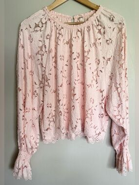 Free People Blush Pink Lace Boho Blouse Sheer Long Sleeve Romantic Top Size S